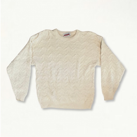 Vintage 80s 90s Checkpoint 3D Textured Chunky Knit Crewneck Sweater Cream - Picture 4 of 12